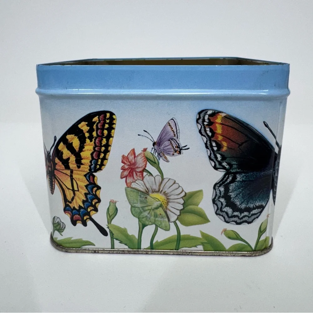 Early 90’s Vintage Butterfly & Flower Print Square Tin Box With Lid